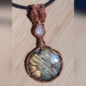 Iridescent Gemstone Pendant Necklace Artisan Copper Wire Wrap Design